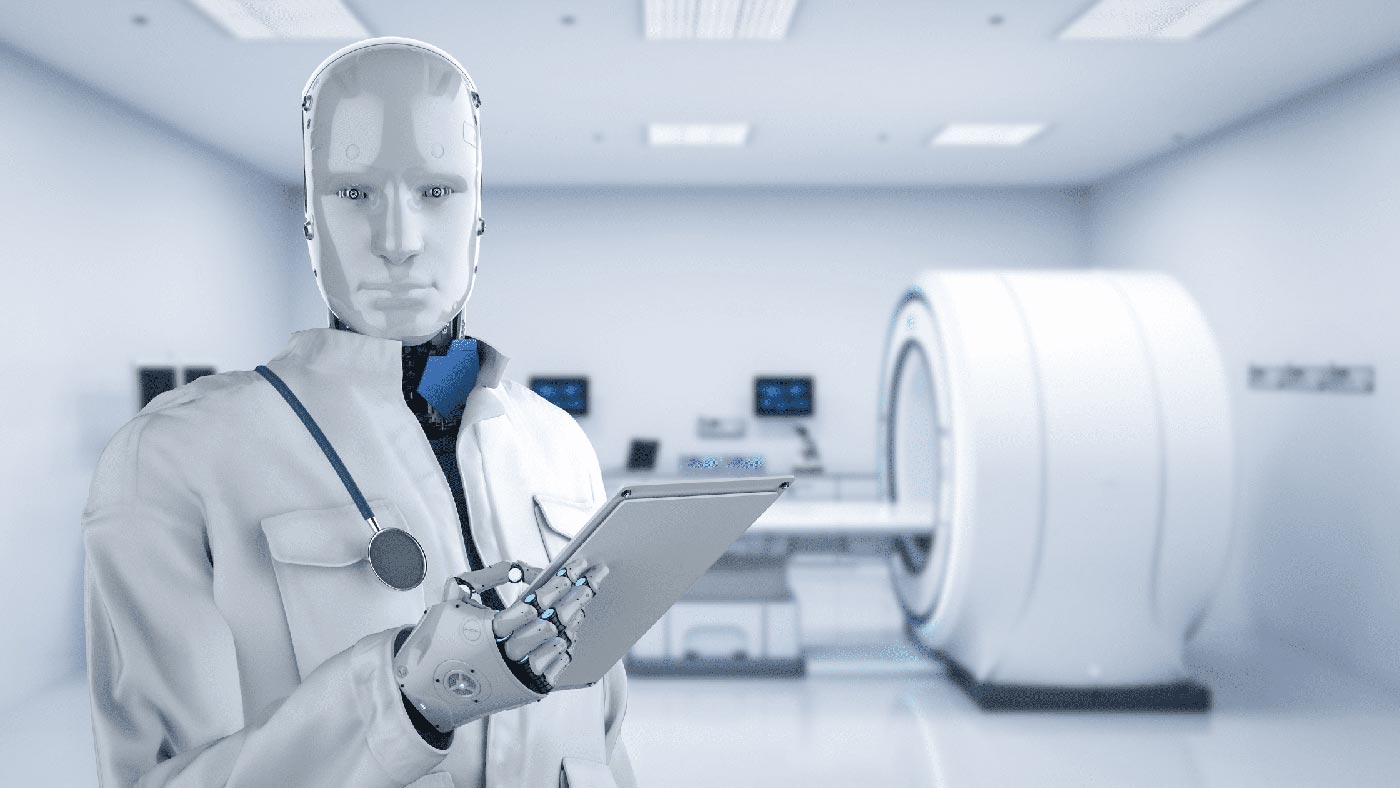 A robot wearing a lab coat standing in front of an MRI machine,