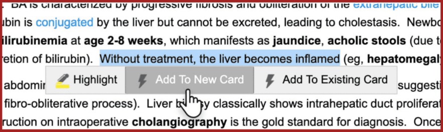A screenshot from the UWorld platform - highlighted text from an explanation being added to a new card using UWorld's flashcard feature for USMLE Step 1 studying.